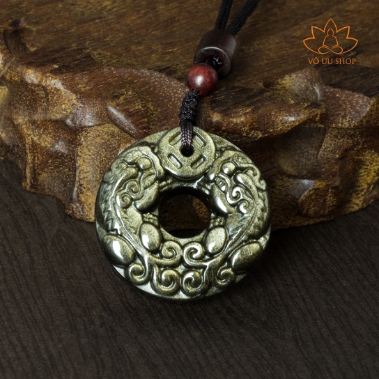 Coin-shaped natural obsidian pendant with double Pixiu patterns
