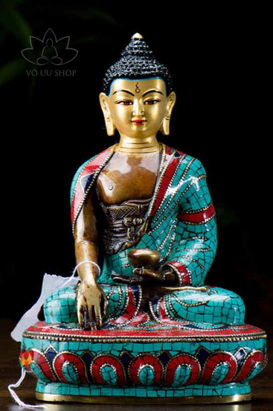 Copper statue of Shakyamuni Buddha inlaid turquoise 