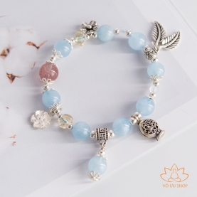 Bracelet of Aquamarine mixed Strawberry Quartz mixed silver lucky charms