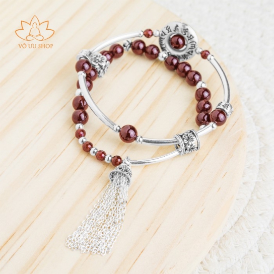 Double garnet bracelet with S925 silver mindfulness dharma charms