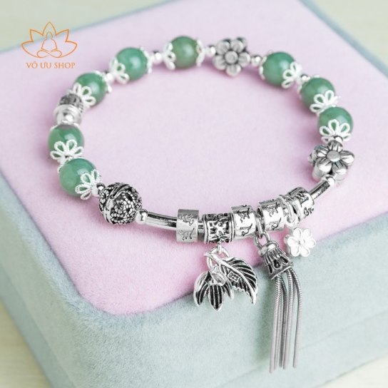 Blue Jadeite Jade bracelet with apricot flower, Om Mani Padme hum and fly-whisk charm