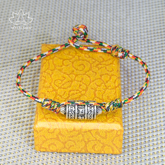 Five-color thread bracelet with S925 Silver Prayer wheel charm