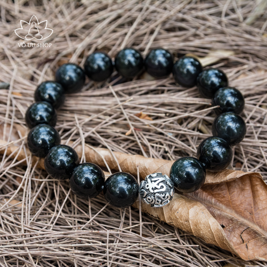Obsidian gemstone bracelet with silver bead engraving “Om Mani Padme Hum”