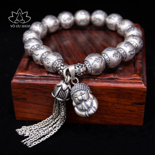 Pure silver bracelet engraving Om Mani Padme Hum with Buddha pendant charm