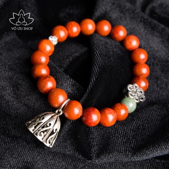 Red coral and Jadeite Jade bracelet with silver lotus charm