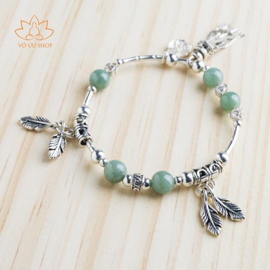 Jadeite Jade bracelet with silver leather charm