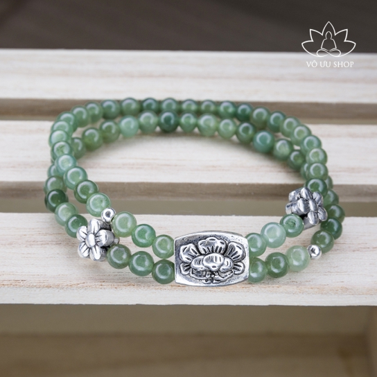 Double icy jadeite jade bracelet with S925 silver peony and apricot flower charm