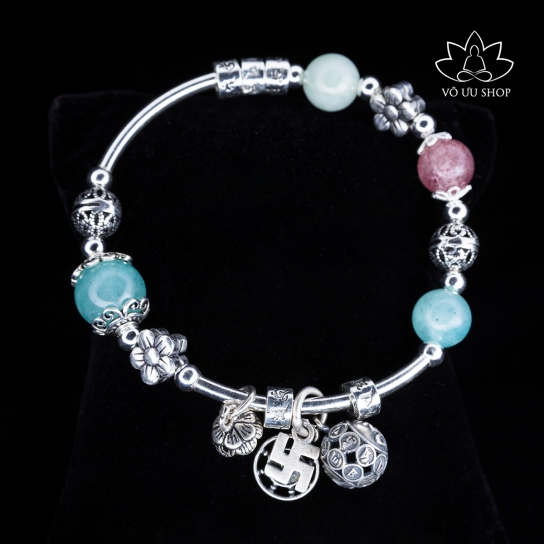 Bracelet of Triple stones: Jadeite Jade, amazonite and strawberry quartz mixed with charm of Om mani padme hum and other lucky charms