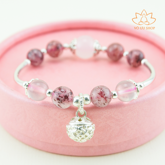 Strawberry Quartz bracelet mixed with silver S925 bell