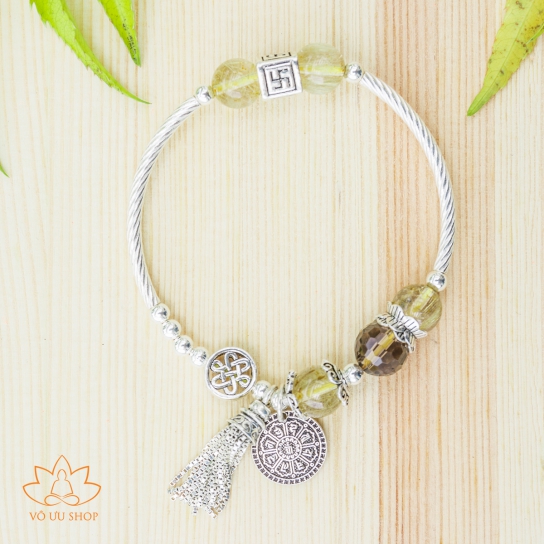 Pandora bracelet mixed with Yellow Rutilated Quartz, Smocky Quartz and silver fly whisk