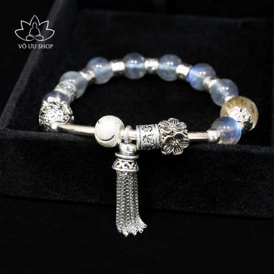 Pandora bracelet with moonstone, rutilated quartz, silver charm and Om Mani Padme Hum
