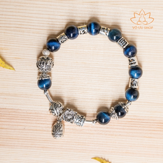 Pandora bracelet with Blue tiger's eye, silver charm of  Om Mani Padme Hum