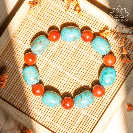 Bracelet Handmala made of Natural coral, turquoise and lutong 