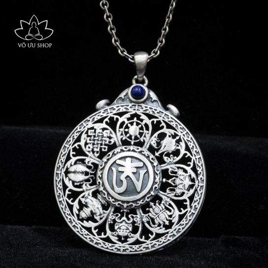  Silver Mandala pendant with Eight Symbols of Good omens and Bījā Om 