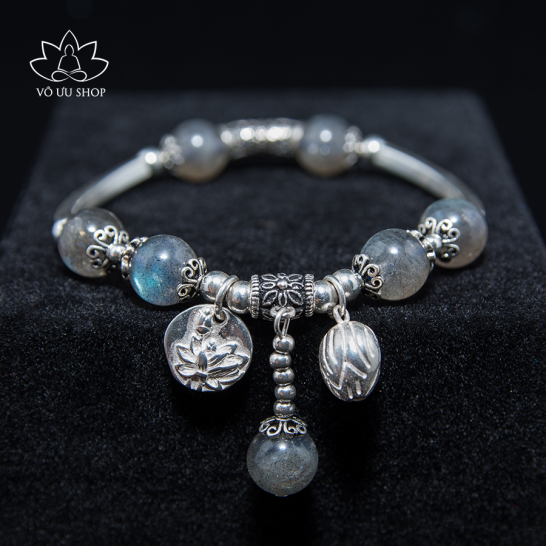 Tibetan handmade Labradorite stone pandora bracelet with S925 silver lotus charm