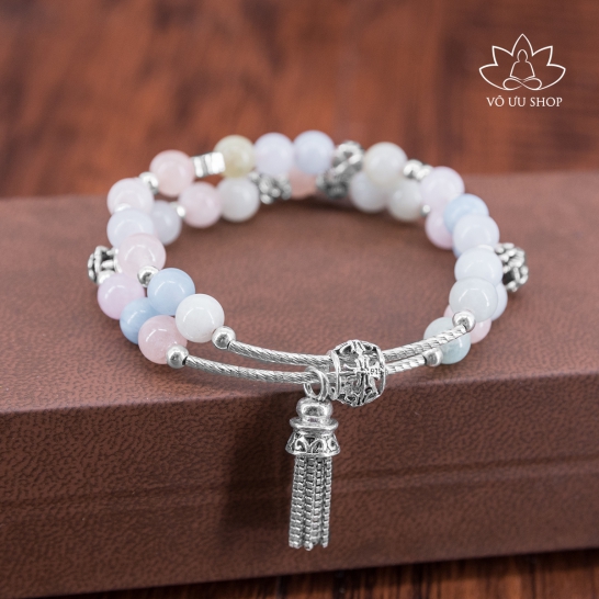 Beryl gemstone double bracelet with fly-whisk charm