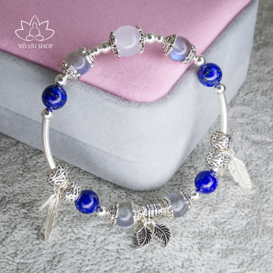 Lắc tay đá Lapis Lazuli, đá mặt trăng và bạch ngọc mix các charm bạc lông vũ