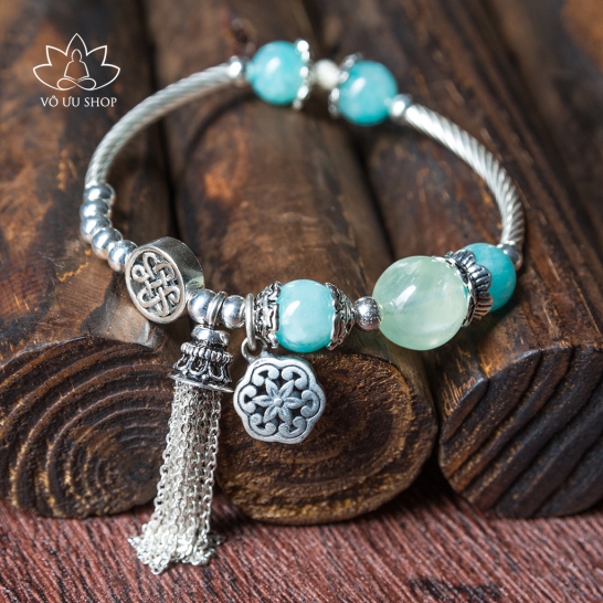 Pure silver bracelet with Prehnite and high quality Amazonite