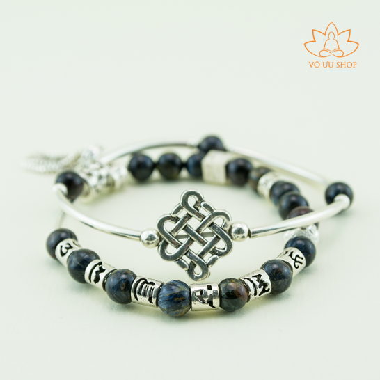 Double silver bracelet with pietersite stone and  Om Mani Padme Hum charm