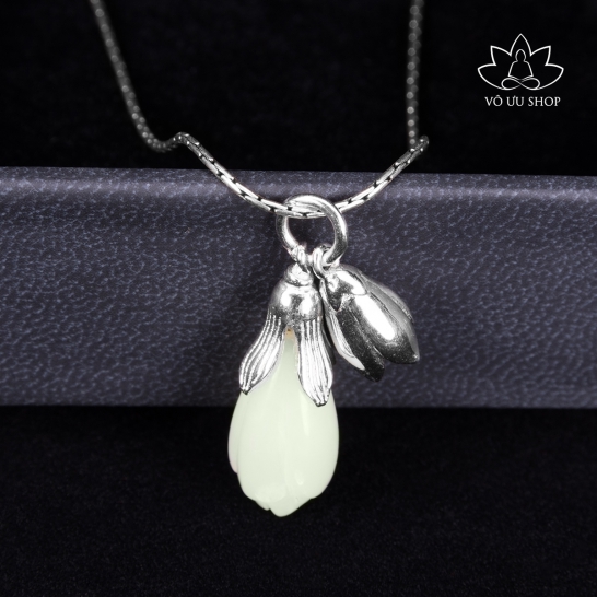 Hetian Nephrite Jade pendant designed as ylang ylang flower and silver stem 