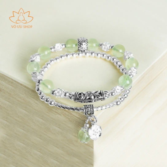 Prehnite Double Silver Bracelet with S925 silver lisianthus charm