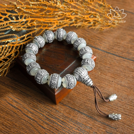 Natural White Gemstone covered with “Om Mani Pad me Hum” silver engraved bracelet  