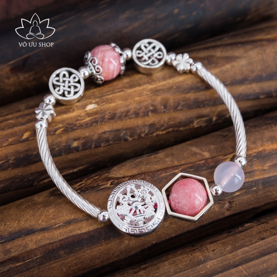 Rhodochrosite and White Gemstone with Eight symbols of good omens and Infinity Pattern charm Bracelet