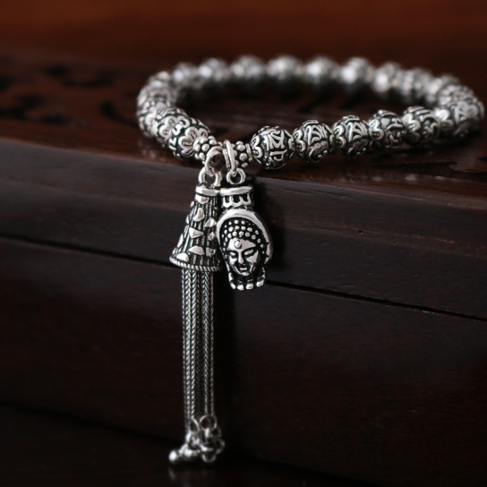 Chuỗi bạc khắc LTMC charm Phật Thích ca Mâu ni và Phất tử