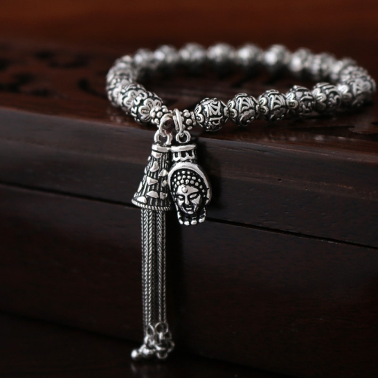 Chuỗi bạc khắc LTMC charm Phật Thích ca Mâu ni và Phất tử