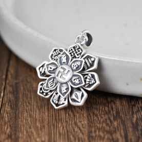Mặt dây chuyền Hoa Mandala chạm khắc Bát Cát Tường - Om mani padme hum - chữ Vạn