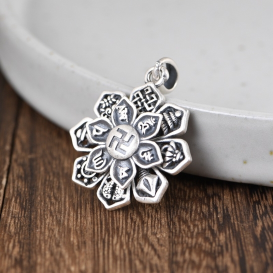 Mặt dây chuyền Hoa Mandala chạm khắc Bát Cát Tường - Om mani padme hum - chữ Vạn